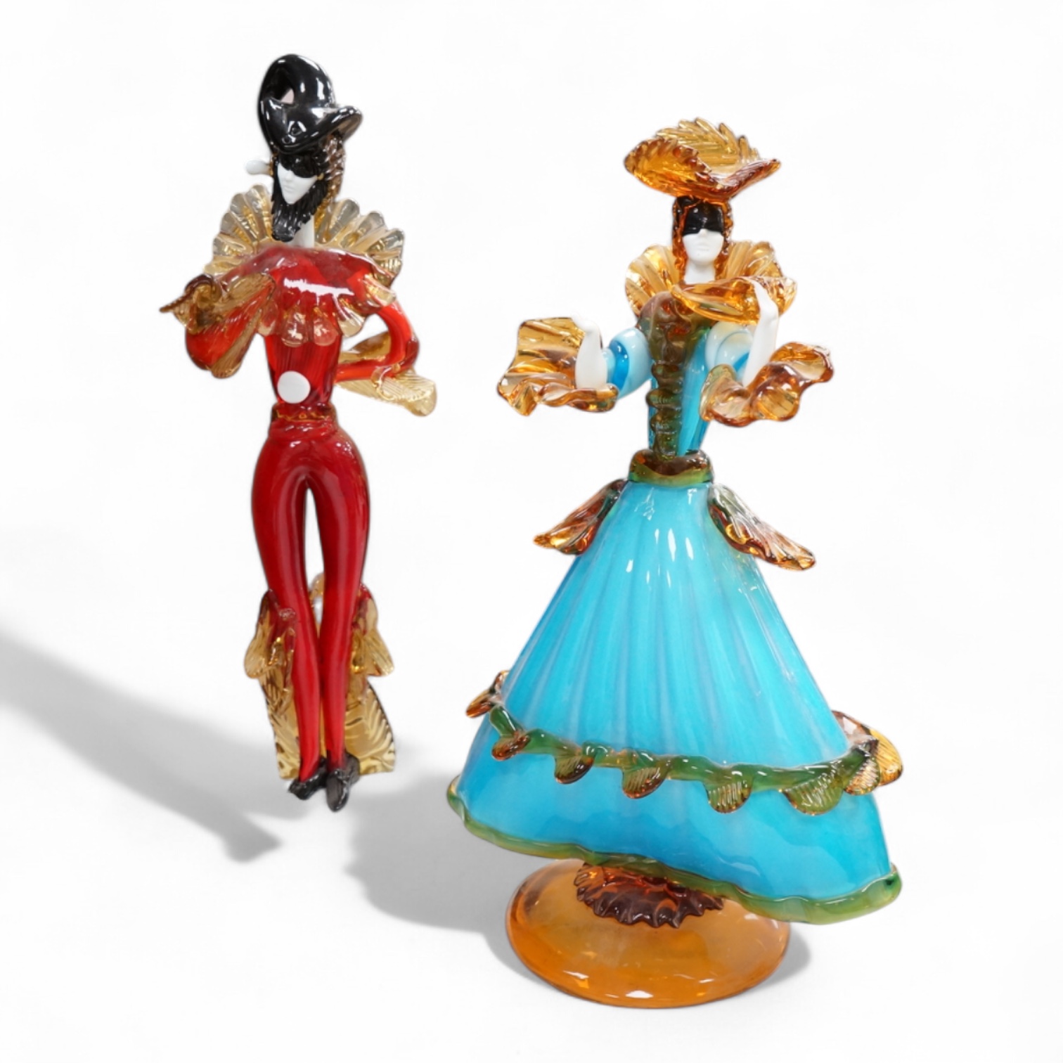 A large Murano coloured glass 'Masquerade' figure H49 and a similar female dancer H43, female signed G Toffolo, 46cm